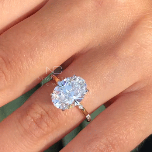 3Ct Oval Moissanite Hidden Halo Engagement Ring, Dotted Diamond Band