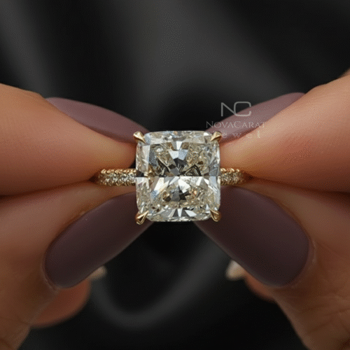 Ice Crushed 4 CT Cushion Cut Moissanite Hidden Halo Ring