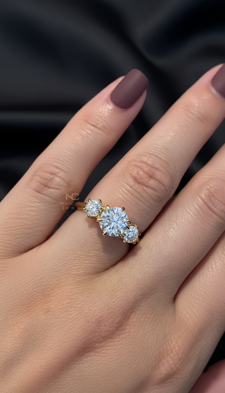 Three Moissanite Diamond Round Cut Engagement Ring