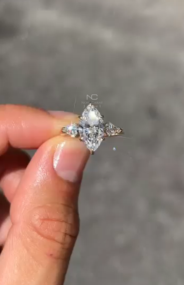 3Ct Marquise Cut Side Kit Cut Diamond Moissanite Three Stone Ring
