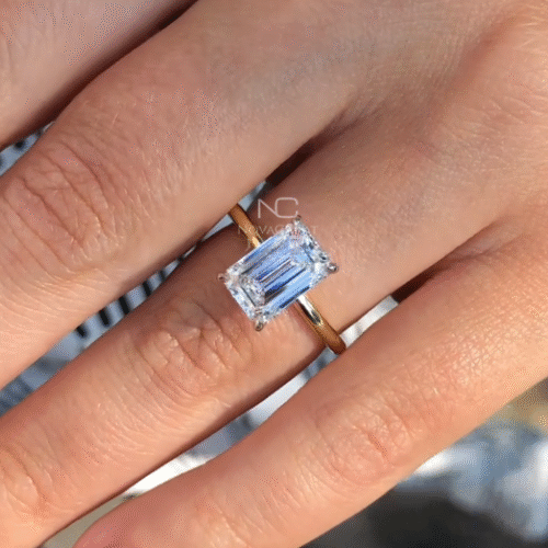 4ct Brilliant Elongated Emerald Cut Moissanite Hidden Halo Solitaire Engagement Ring
