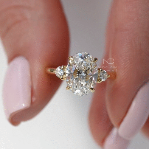 3ct Oval Cut Moissanite Three Stone Halo Engagement Ring