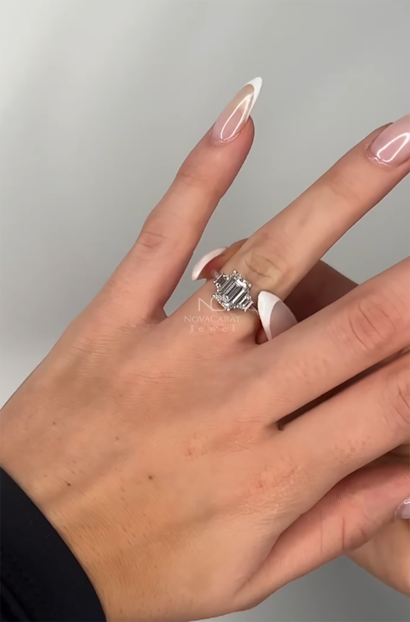 Three Stone Emerald Cut Side Trapezoid Moissanite Engagement Ring - Image 2