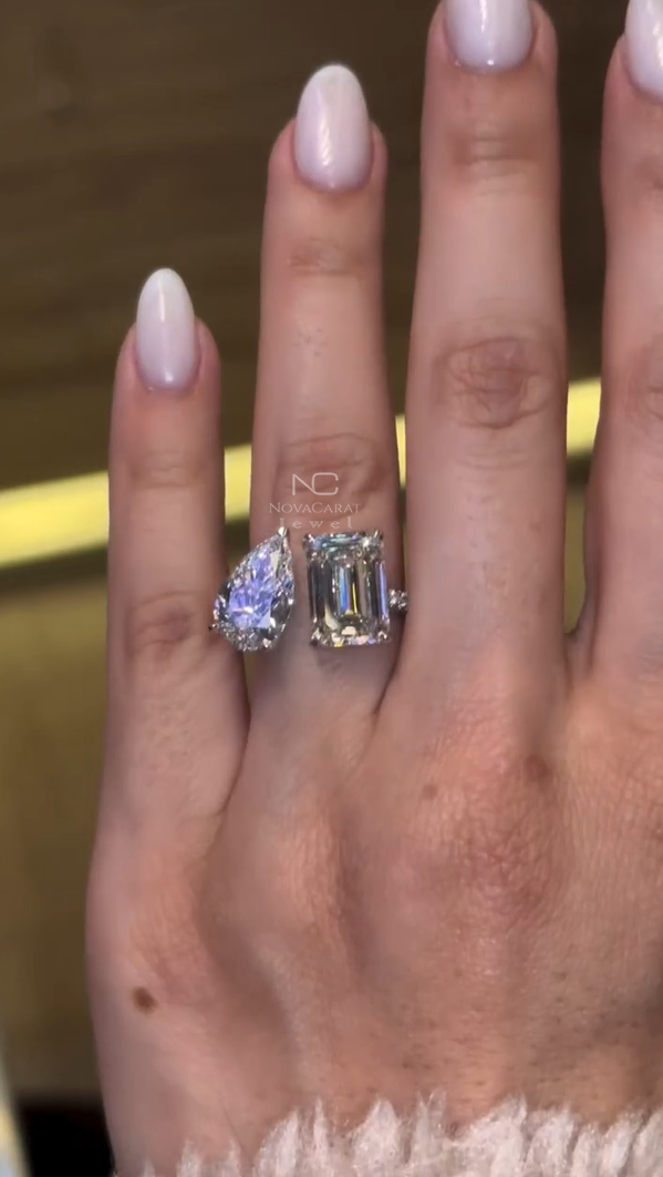 8 TCW Pear And Emerald Hideen Halo Moissanite Two Stone Ring