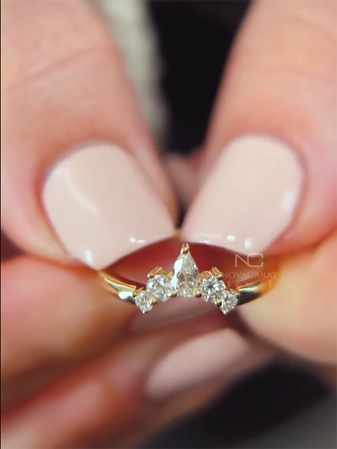 Pear and Round Diamond V Shaped Chevron Wedding Band - Image 2