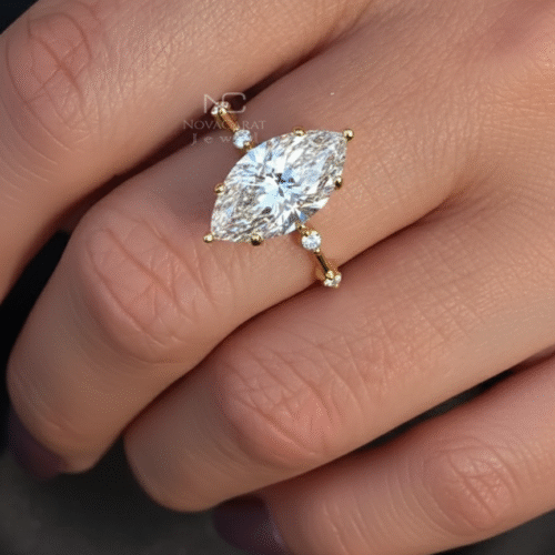 Marquise diamond pave engagement ring in white gold worn on hand, a sparkling promise and wedding ring designed as a meaningful gift for her. Marquise Diamond Distance Pave Engagement Ring, White Gold Ring, Unique Proposal Ring for Her, Basket Setting Ring, Promise Gift Ring, Unique Pave Diamond Wedding Ring, Promise Gift Ring For Her, Hidden Halo Ring, 14K Solid Gold Distance Round Diamond Ring, Elongated Marquise Cut Promise Ring, 14K Gold 6 Prong With Hidden Halo Ring