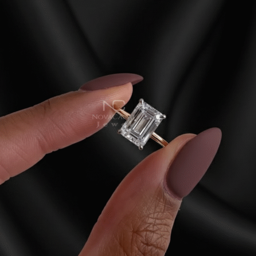 Side profile of emerald cut lab diamond ring in yellow gold with slim band, a minimalist solitaire engagement ring crafted as an ethical and timeless gift. Emerald Lab Diamond Thin Ring, Two Tone Ring, Emerald Cut Engagement Ring, Wedding Ring For Women, 14k Solid Gold Emerald Diamond Ring, Solitaire Ring Plain Band, Classic Proposal Ring, Birthday Gift, Anniversary Gift, Diamond Solitaire Engagement Ring, Classic Proposal Ring, Birthday Gift, Modern Bridal Ring Promise ring, Jewelry