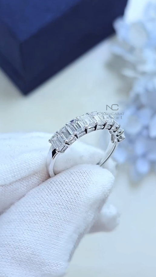 Emerald Cut Moissanite Seven Stone Half Eternity Wedding Band - Image 3
