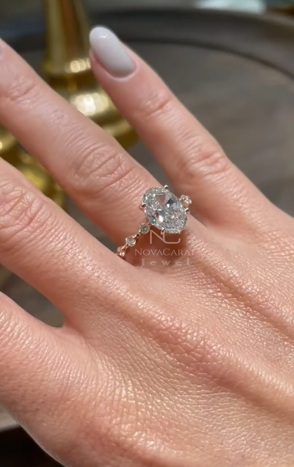 2ct Oval Moissanite Side Round Solitaire Engagement Ring