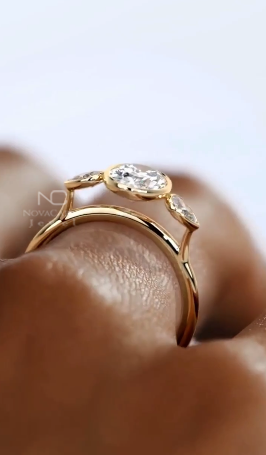 2.5ct Oval Cut Moissanite Bezal Set Trilogy Ring - Image 4