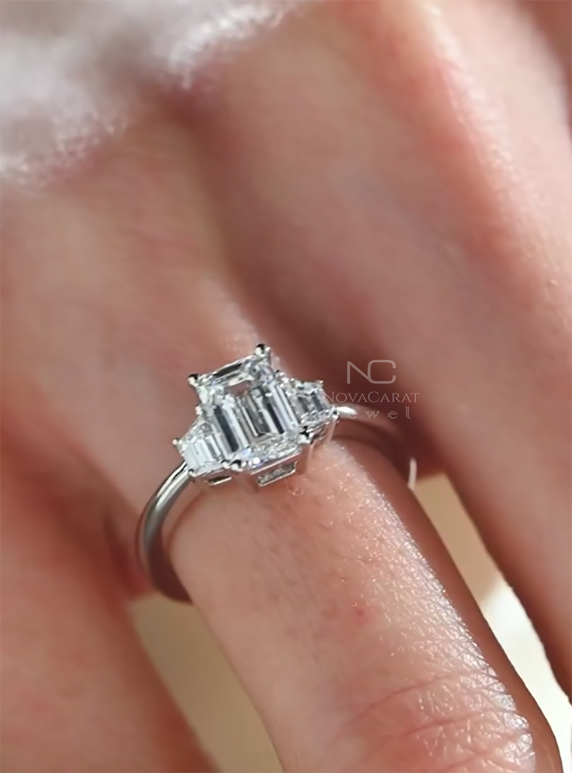Three Stone Emerald Cut Moissanite Engagement Stackable Ring - Image 3