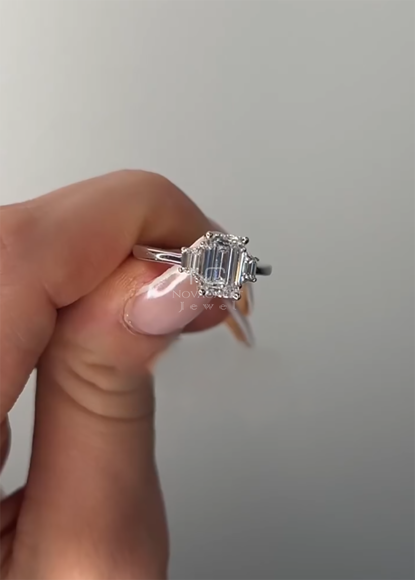 Three Stone Emerald Cut Side Trapezoid Moissanite Engagement Ring - Image 5