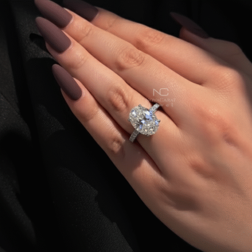 Oval cut diamond hidden halo engagement ring in 14k white gold, worn on hand with bubble eternity pave band, a meaningful promise and anniversary gift ring. Oval Cut Lab Grown Engagement Ring, Hidden Halo Wedding Ring, Floating Bubble Pave Set, Anniversary Gift, Thanks giving Gift, Bubble Shape Shared Prong Ring, 14k Gold Ring Set Gift For Her, Wedding Bridal Ring, Anniversary Pave Setting Band Ring, Perfect Gift For Her, Bubble Wedding Matching Band, Ice Crushed Oval Diamond Ring