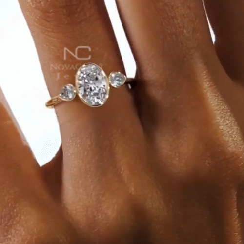 2.5ct Oval Cut Moissanite Bezal Set Trilogy Ring
