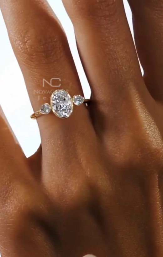 2.5ct Oval Cut Moissanite Bezal Set Trilogy Ring