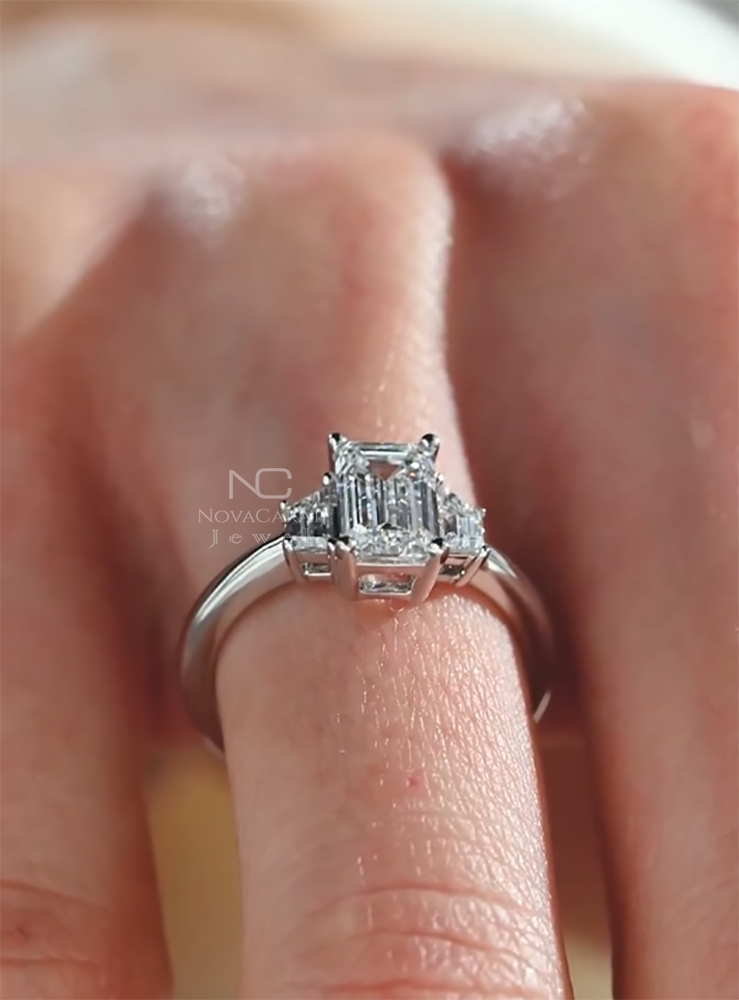 Three Stone Emerald Cut Moissanite Engagement Stackable Ring - Image 2