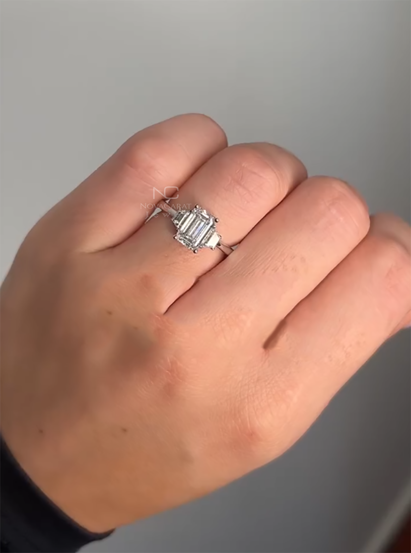 Three Stone Emerald Cut Side Trapezoid Moissanite Engagement Ring - Image 4