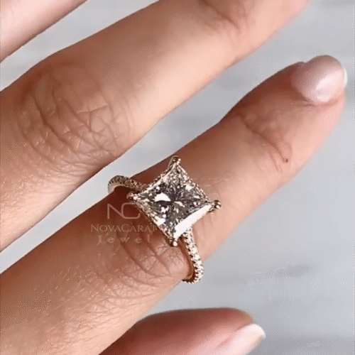 3ct Princess Moissanite Diamond Hidden Halo Engagement Ring