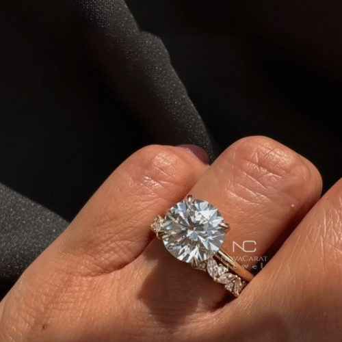 Round cut lab grown diamond engagement ring set with full eternity band, worn on hand, a beautiful art deco bridal design perfect as an anniversary gift ring. Round Cut Lab Grown Diamond Engagement Ring Set, Full Eternity Band, Art Deco Wedding Ring Set, Bridal Ring Set, Anniversary Gift Ring, Eternity Band, Cluster Ring Set, Stackable Band Set, Fancy Wedding Ring Set, Gift for Her, 14K Yellow Gold Ring Set, Anniversary Gift, Birthday Gift, Stylish Ring Set, Large Round Diamond Ring With Band