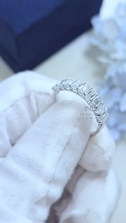 Emerald Cut Moissanite Seven Stone Half Eternity Wedding Band - Image 4