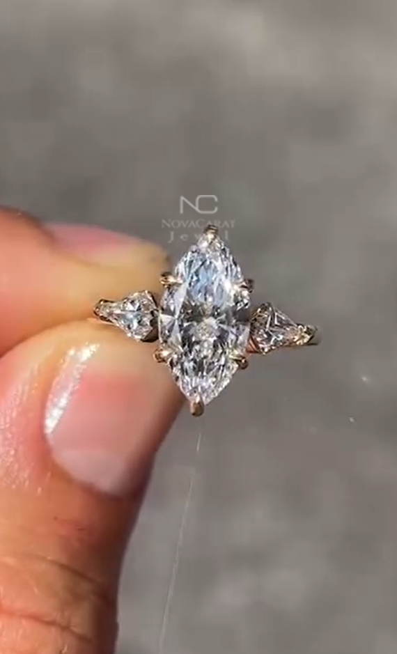 3Ct Marquise Cut Side Kit Cut Diamond Moissanite Three Stone Ring - Image 2
