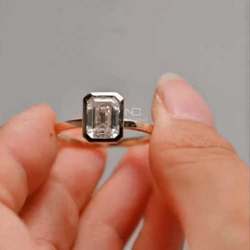 2CT Emerald Cut Moissanite Bezal Set Solitaire Ring