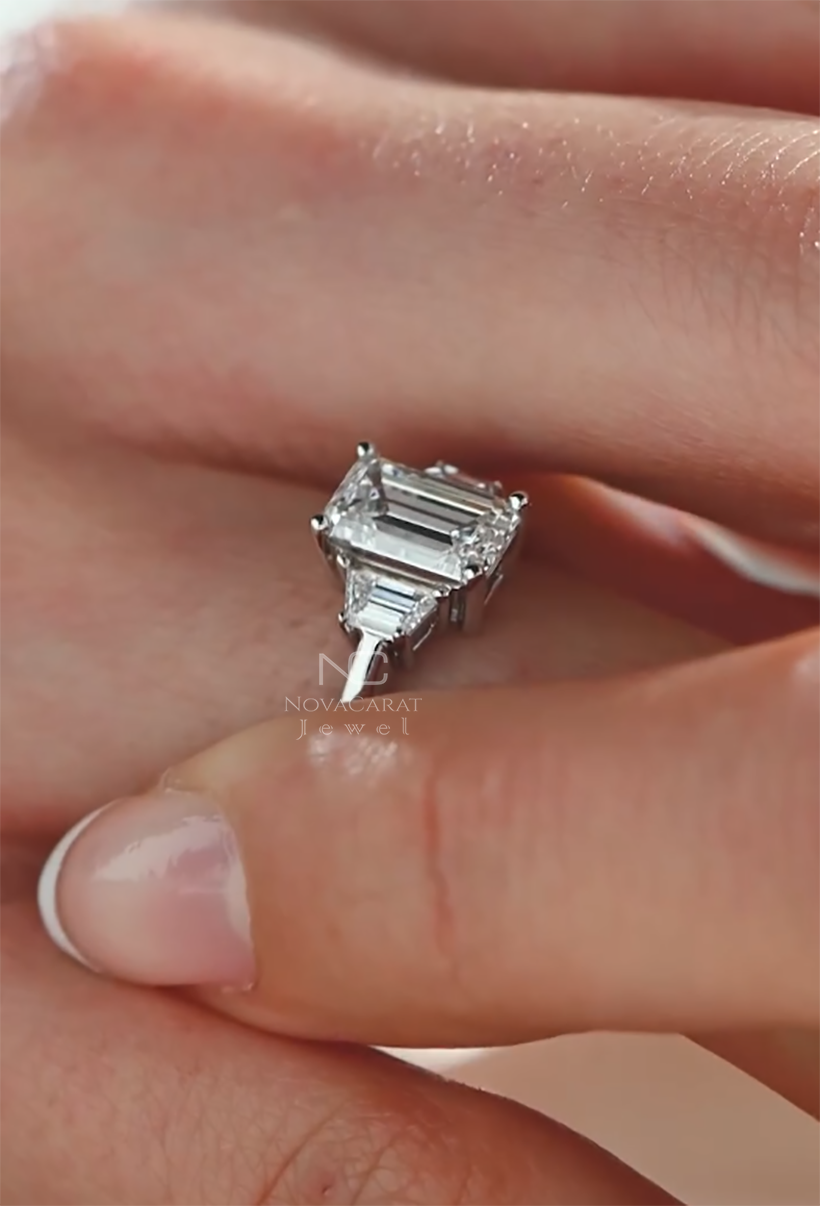 Three Stone Emerald Cut Moissanite Engagement Stackable Ring - Image 4