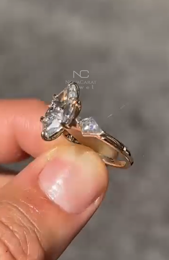 3Ct Marquise Cut Side Kit Cut Diamond Moissanite Three Stone Ring - Image 3