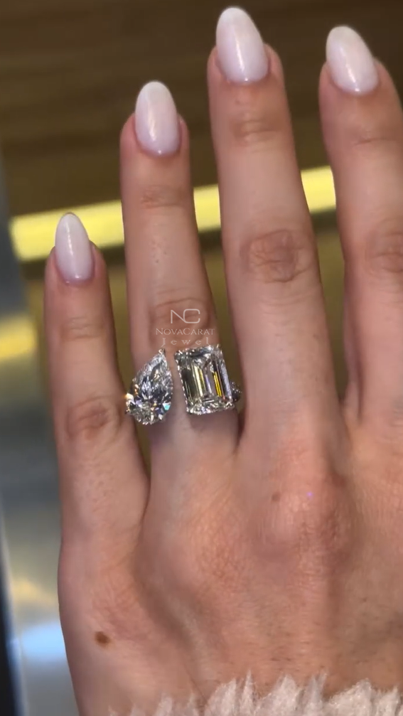 8 TCW Pear And Emerald Hideen Halo Moissanite Two Stone Ring - Image 2