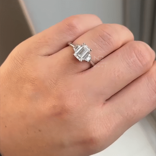 Three Stone Emerald Cut Side Trapezoid Moissanite Engagement Ring