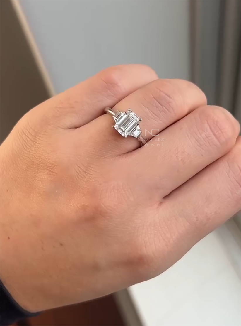 Three Stone Emerald Cut Side Trapezoid Moissanite Engagement Ring