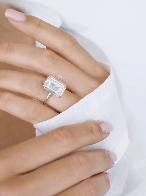 Back angle of emerald cut VVS Moissanite ring, polished rose gold plating, elegant solitaire style for engagement or wedding, crafted with ethical luxury and timeless design in mind. Rose Gold Plated Emerald Cut Certified Moissanite Diamond Engagement Ring, Hidden Halo Diamond Ring, Promise Ring, Wedding Ring, Mothers Day Gift, Emerald Cut Moissanite Solitaire Ring, Statement Ring, Gift For Her, Unique Bridal Set, VVS Emerald Cut Moissanite Diamond Solitaire Engagement Ring, Moissanite Diamond Solitaire Ring, Certified Diamond Ring