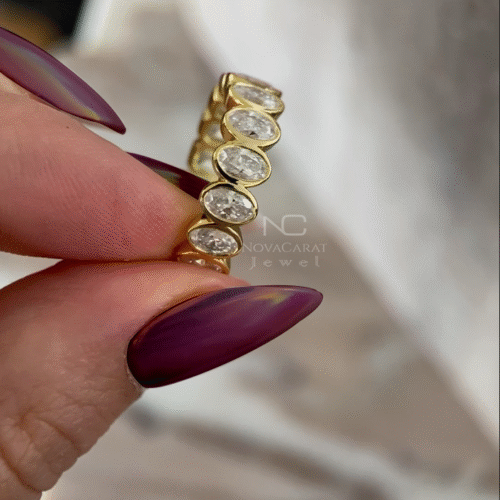 Back view of bezel set oval moissanite eternity band in 14k Yellow gold, sleek diamond design perfect as a wedding band, anniversary ring, or stackable jewelry piece for her, bezel set Oval Cut Moissanite Diamond Wedding Band, Full Eternity Diamond Engagement Band, 14k gold oval diamond band, Anniversary gift, Bezel Set Oval Cut Diamond Wedding Band, Full Eternity Stacking Band, Anniversary Band, Gold Jewelry For women, Birthday Gift, Full Eternity Wedding Band, 14K Solid Gold Ring, Gift for her