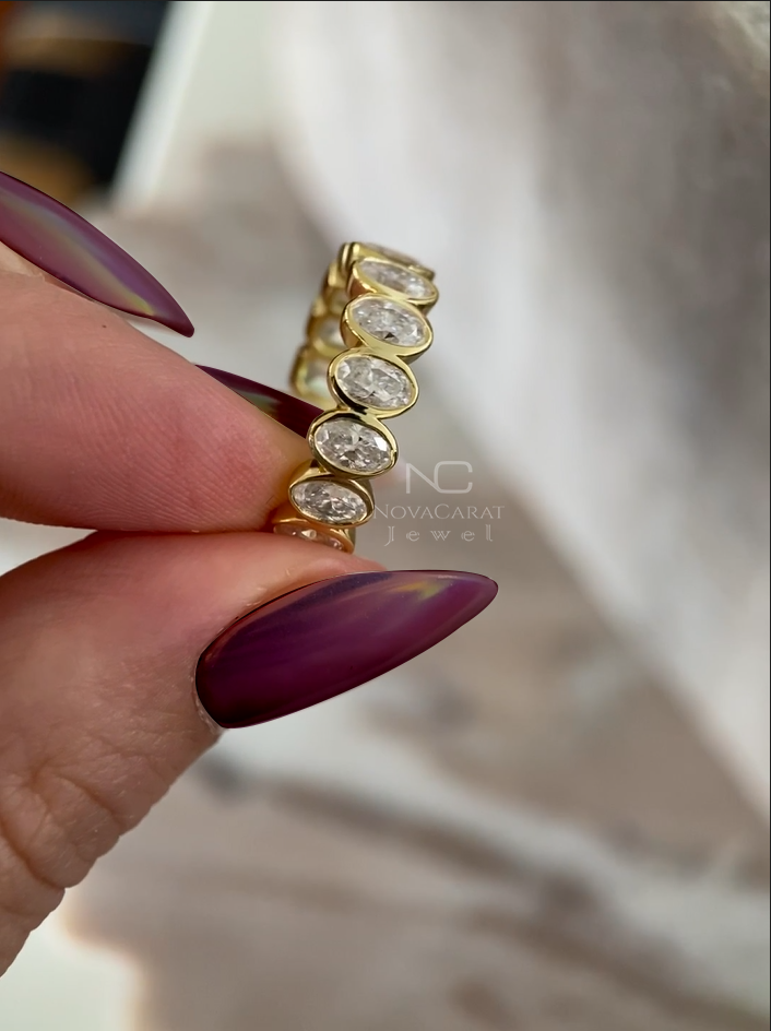 Back view of bezel set oval moissanite eternity band in 14k Yellow gold, sleek diamond design perfect as a wedding band, anniversary ring, or stackable jewelry piece for her, bezel set Oval Cut Moissanite Diamond Wedding Band, Full Eternity Diamond Engagement Band, 14k gold oval diamond band, Anniversary gift, Bezel Set Oval Cut Diamond Wedding Band, Full Eternity Stacking Band, Anniversary Band, Gold Jewelry For women, Birthday Gift, Full Eternity Wedding Band, 14K Solid Gold Ring, Gift for her