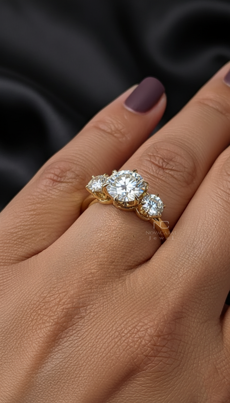 Three Moissanite Diamond Round Cut Engagement Ring - Image 3