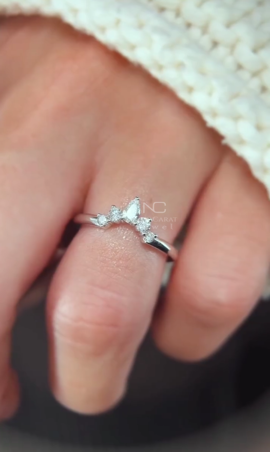 Pear and Round Diamond V Shaped Chevron Wedding Band