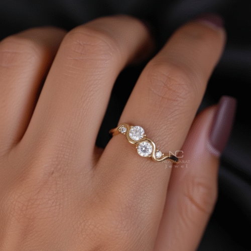 Round moissanite Diamond Waved Curved Twisted Design Unique Engagement Ring