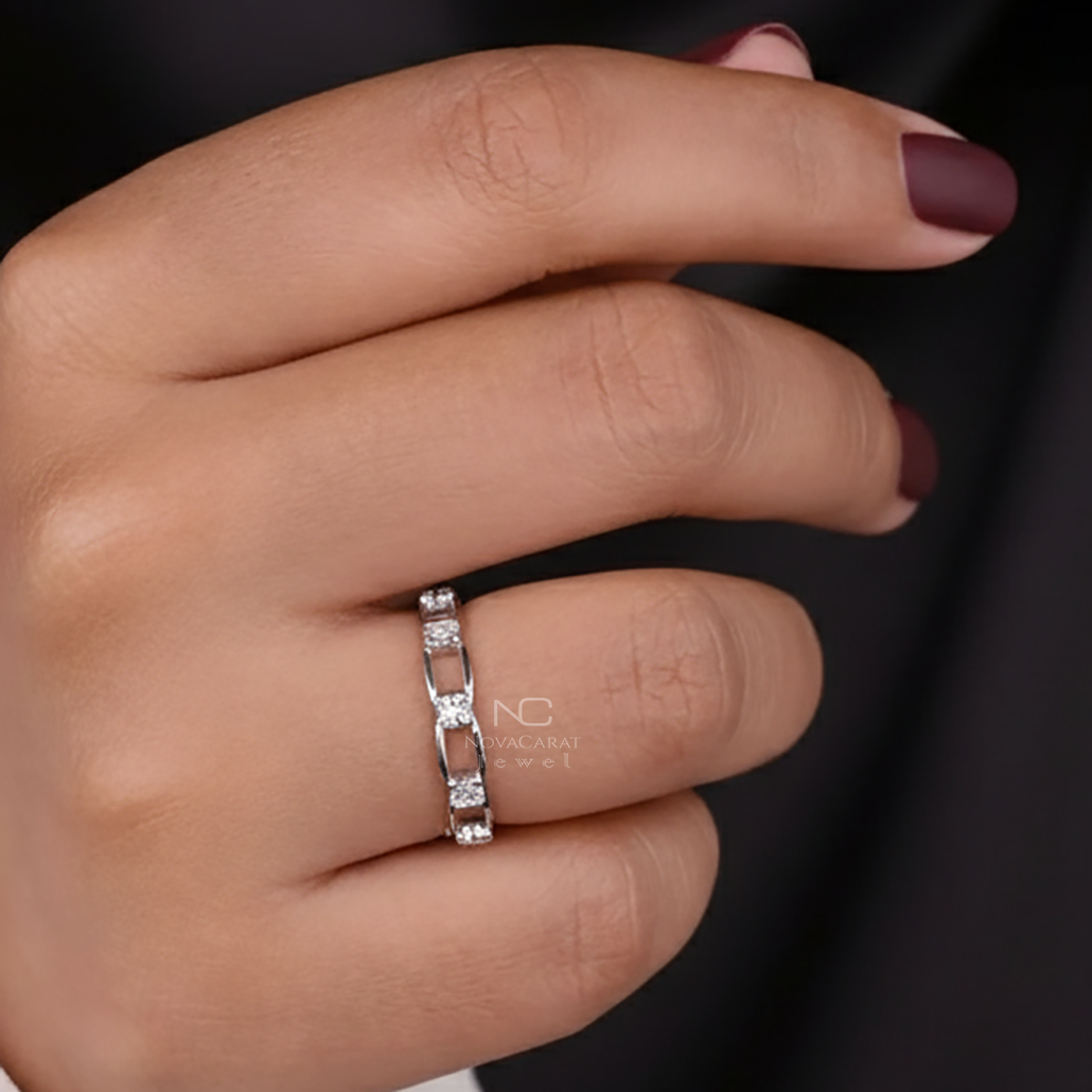 Link Chain Ring Full Eternity Wedding Band for Bride Distance Chain Ring