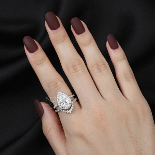 Pear Shape 3ct White Gold Halo Moissanite Engagement Ring Set