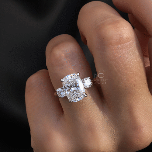 4CT Elongated Cushion And Side Round Cut Three Stone Moissanite Engagement Ring