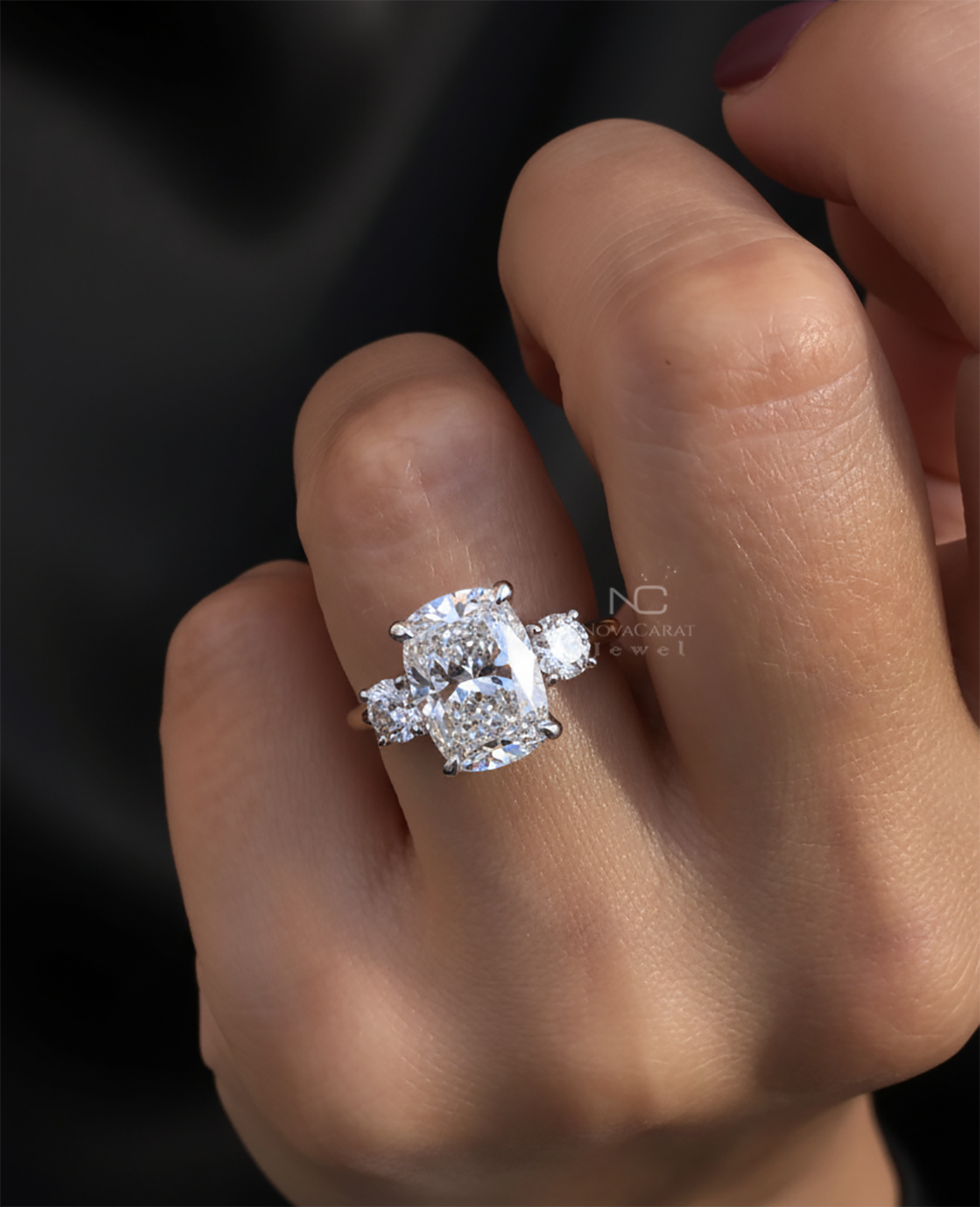 4CT Elongated Cushion And Side Round Cut Three Stone Moissanite Engagement Ring