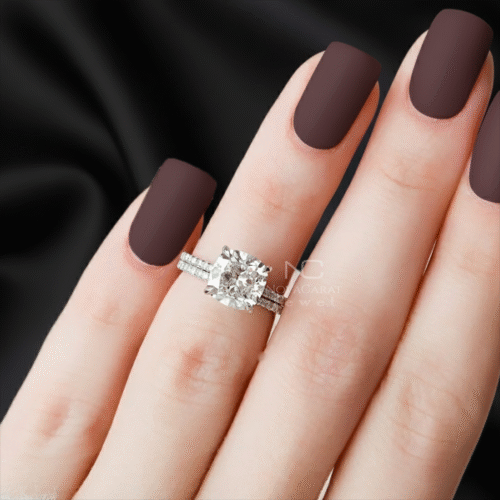 2.50CT Cushion Cut Moissanite Hidden Halo Engagement Ring Set