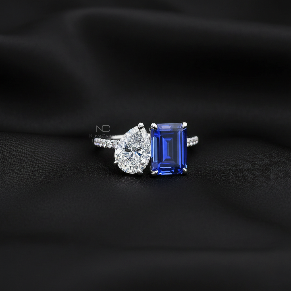 Pear & Emerald Moissanite Blue Gemstone Toi Et Moi Engagement Ring - Image 3