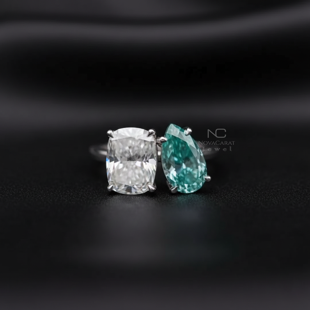 Toi et Moi Ring Cushion & Pear Cut Two Stone White and Blue Green Moissanite Vintage Ring - Image 4