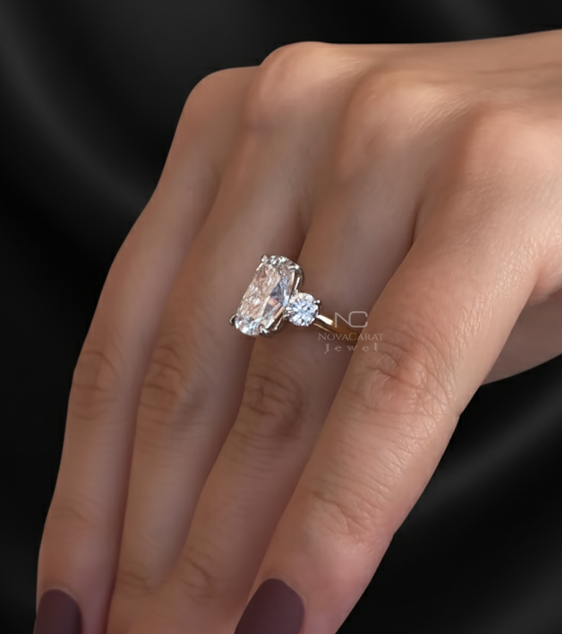 4CT Elongated Cushion And Side Round Cut Three Stone Moissanite Engagement Ring - Image 5