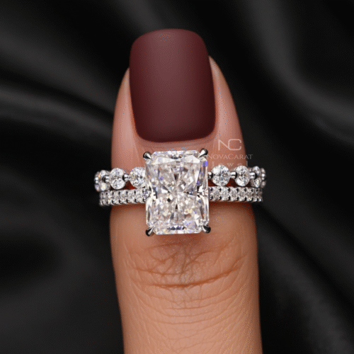 Radiant Moissanite With Eternity Hidden Halo Diamond Bridal Band Set Ring