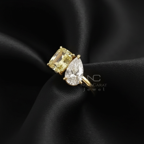 Yellow Elongated Cushion and Pear Toi et Moi Moissanite Engagement Ring