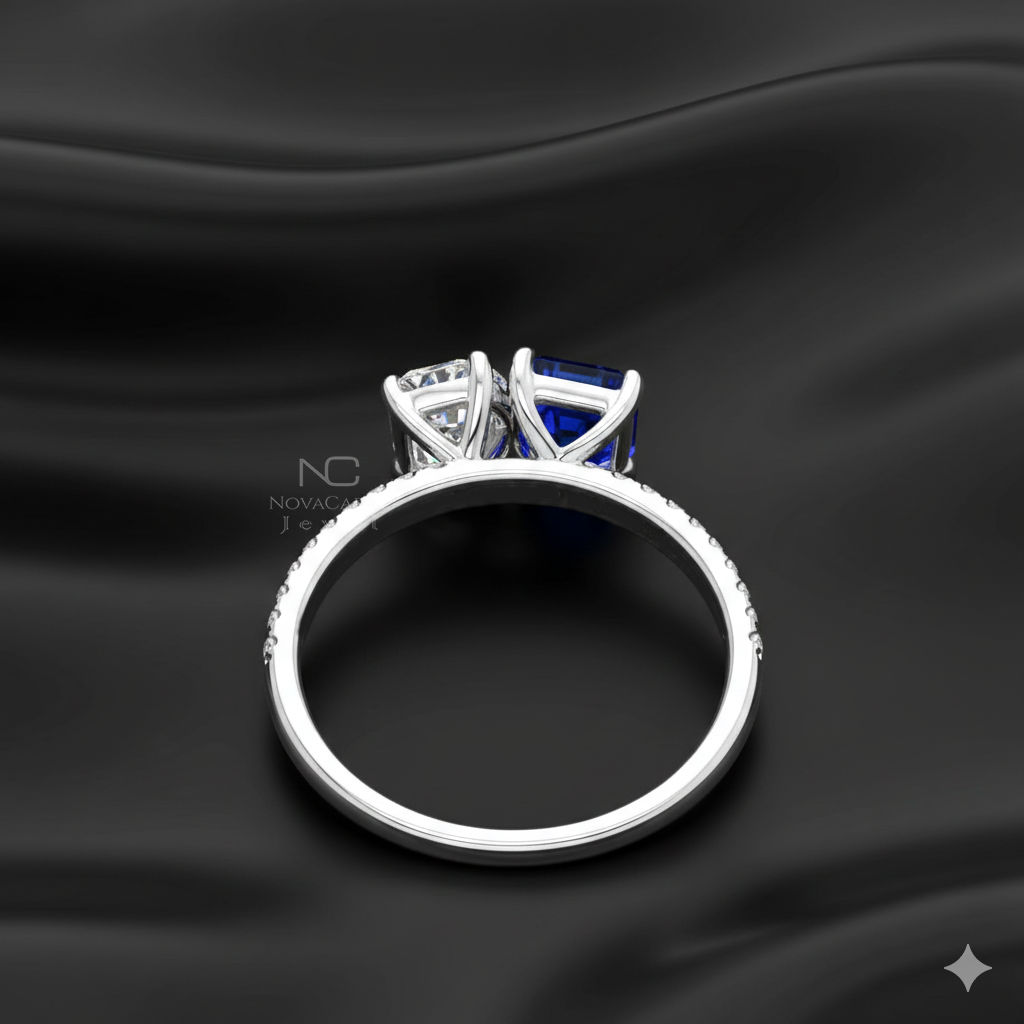 Pear & Emerald Moissanite Blue Gemstone Toi Et Moi Engagement Ring - Image 5