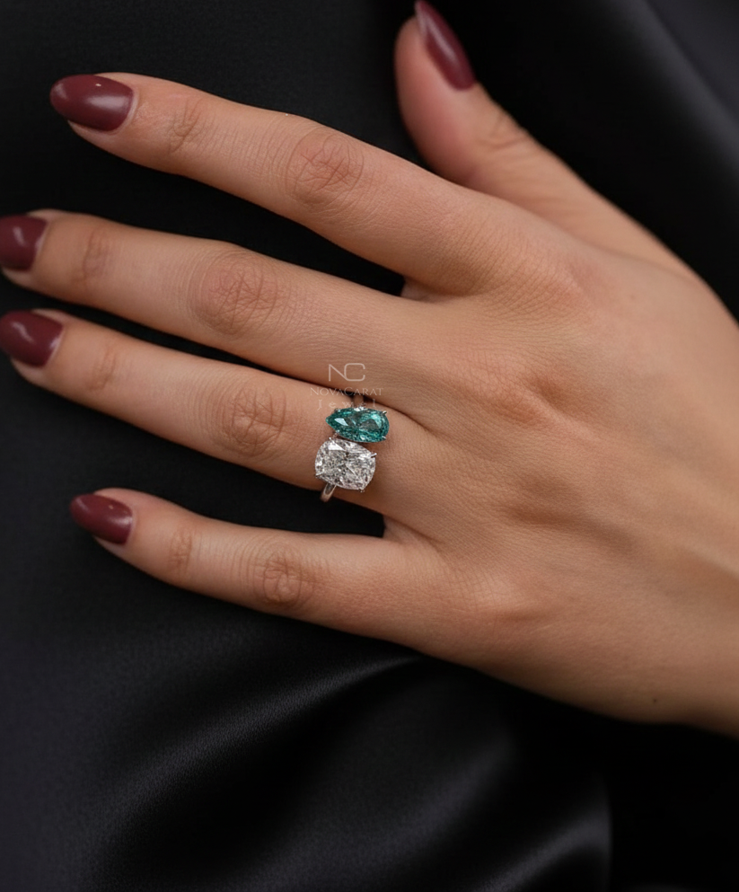 Toi et Moi Ring Cushion & Pear Cut Two Stone White and Blue Green Moissanite Vintage Ring - Image 2