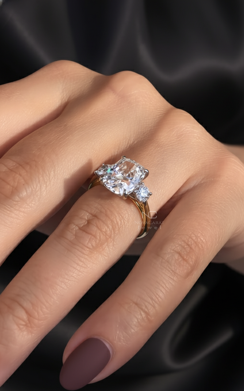 4CT Elongated Cushion And Side Round Cut Three Stone Moissanite Engagement Ring - Image 4